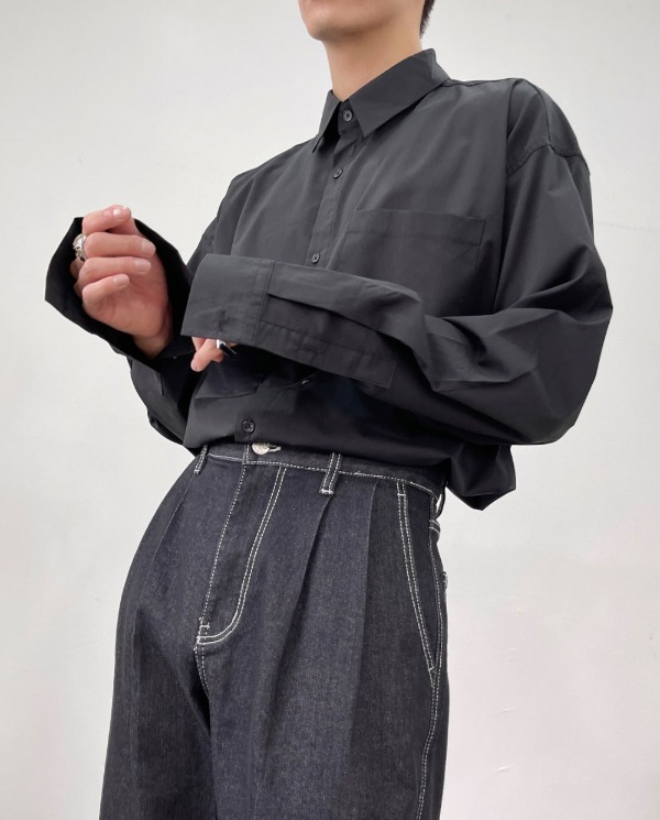 노에이징 오버 카라 셔츠 (블랙)